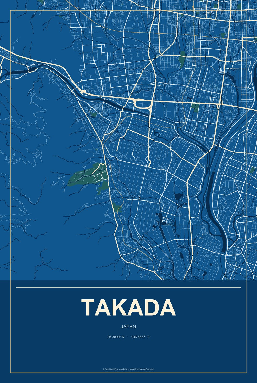 Takada, Japan City Map Aluminum Sign in Harbor Cobalt style