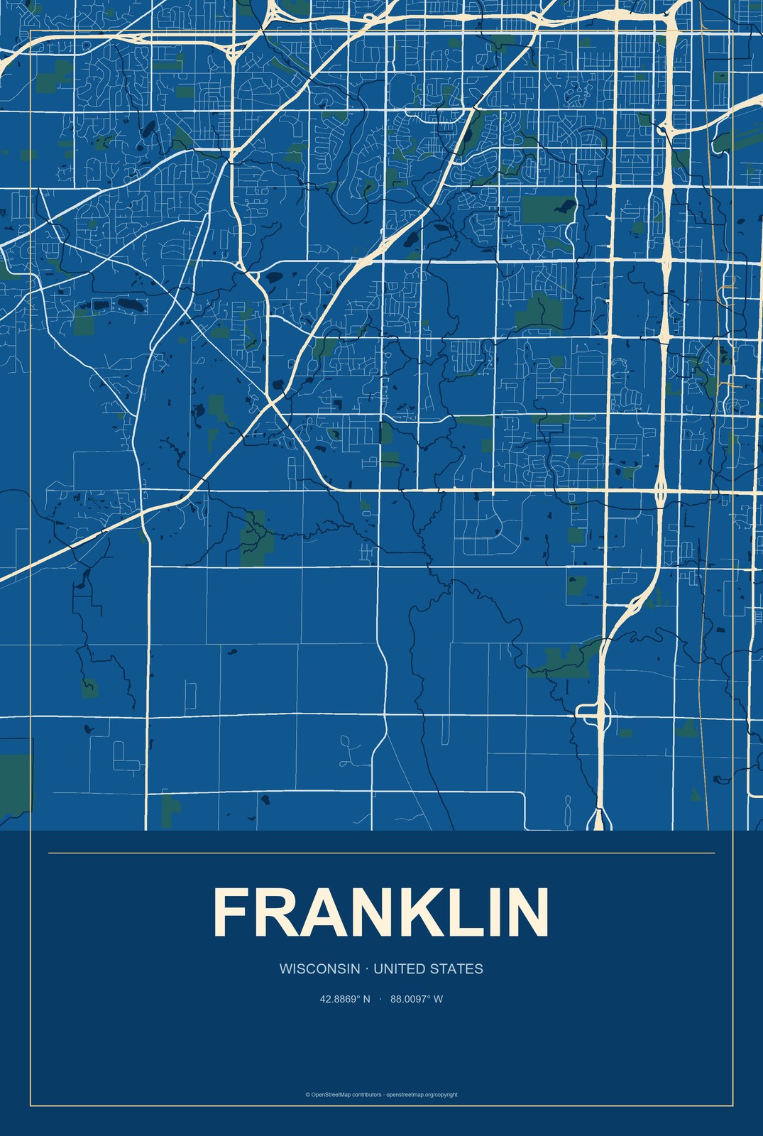Franklin, Wisconsin City Map Aluminum Sign in Harbor Cobalt style