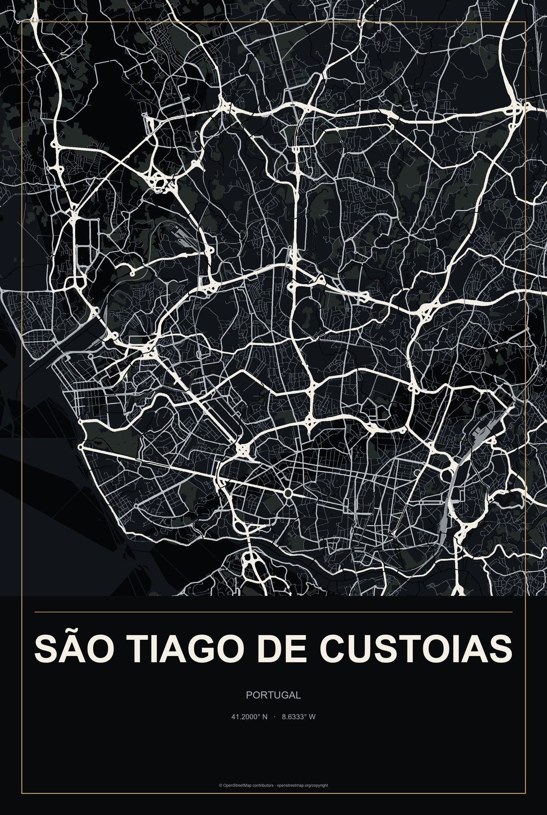 São Tiago de Custoias, Portugal City Map Aluminum Sign in Metropolitan Noir style