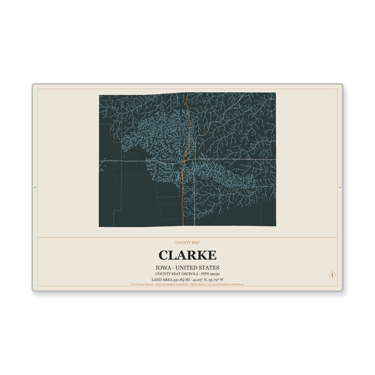 Clarke County, Iowa Map Aluminum Sign in Headline Atlas style