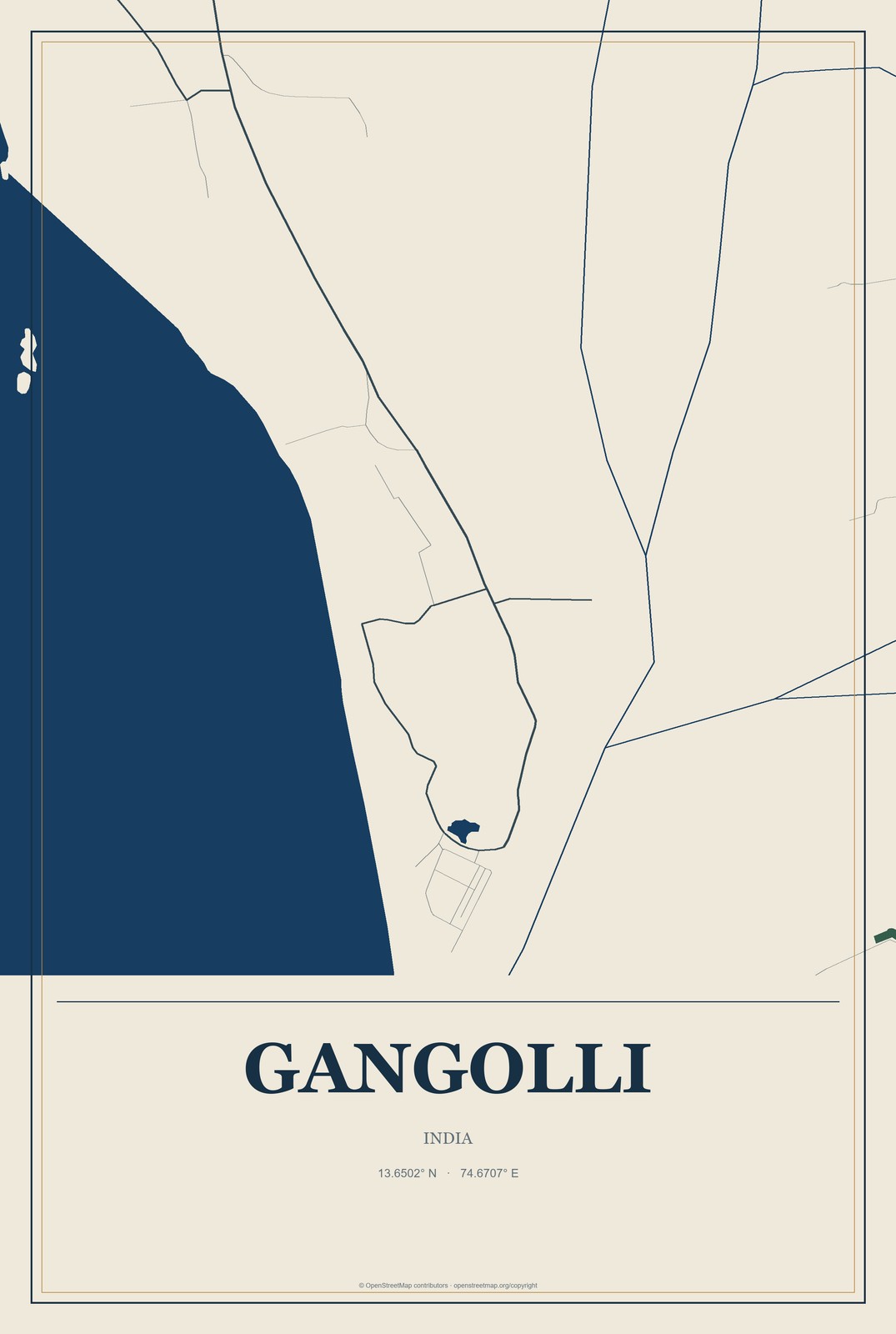 Gangolli, India City Map Aluminum Sign in Coastal Cutout style