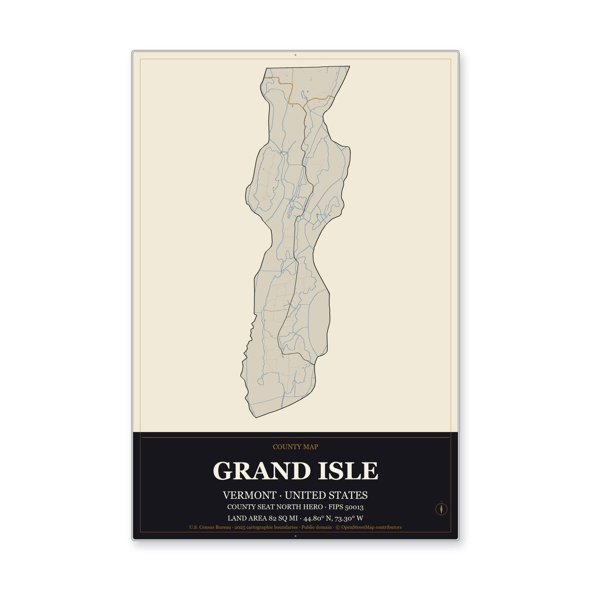 Grand Isle County, Vermont Map Aluminum Sign in Museum Plaque style