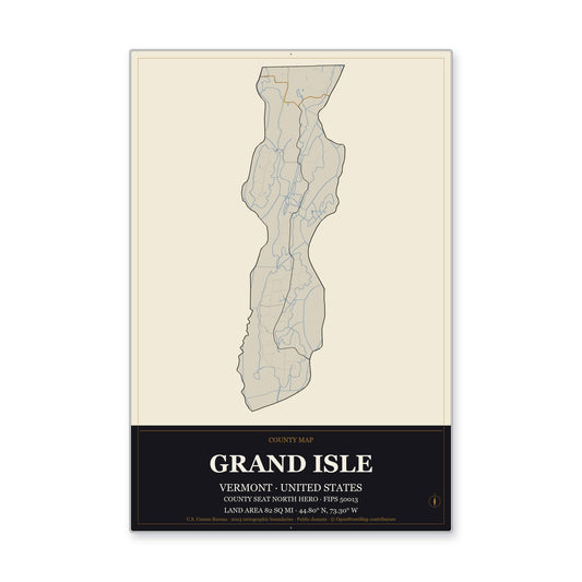 Grand Isle County, Vermont Map Aluminum Sign in Museum Plaque style