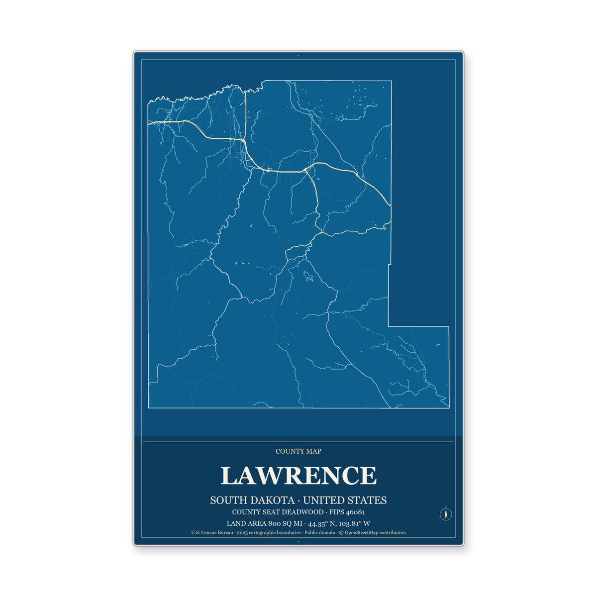 Lawrence County, South Dakota Map Aluminum Sign in Harbor Cobalt style