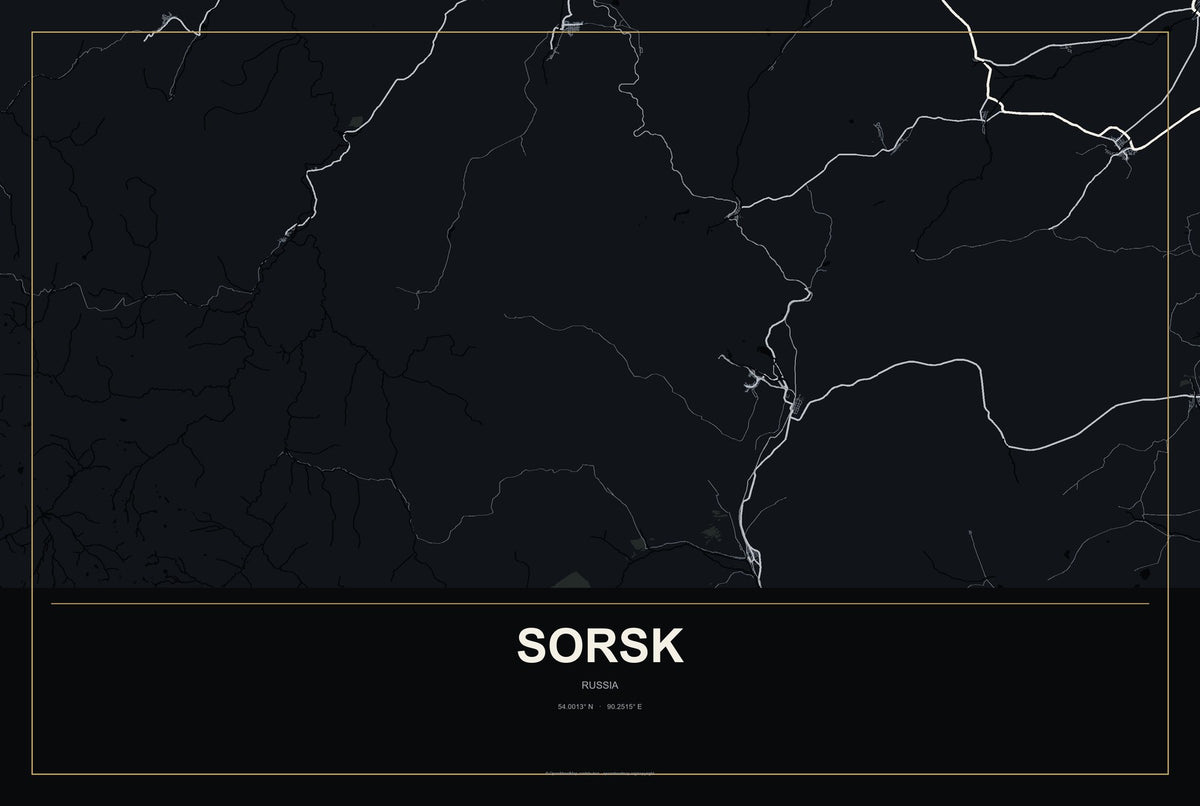 Sorsk, Russia City Map Aluminum Sign in Metropolitan Noir style