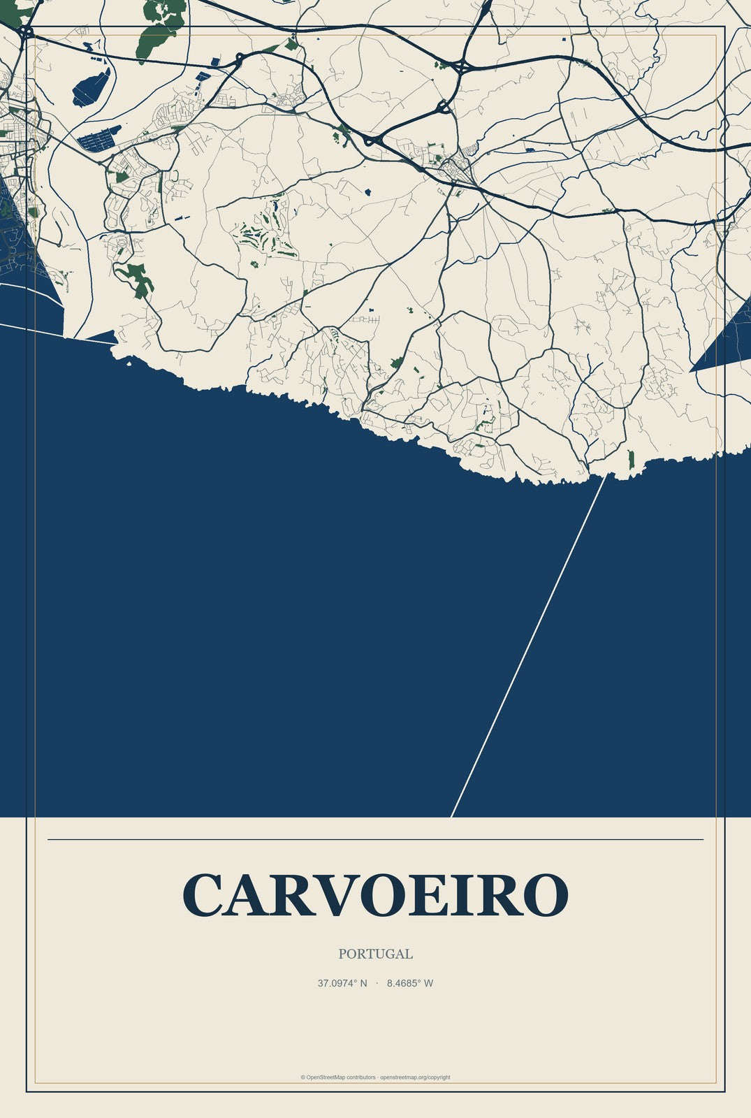 Carvoeiro, Portugal City Map Aluminum Sign in Coastal Cutout style