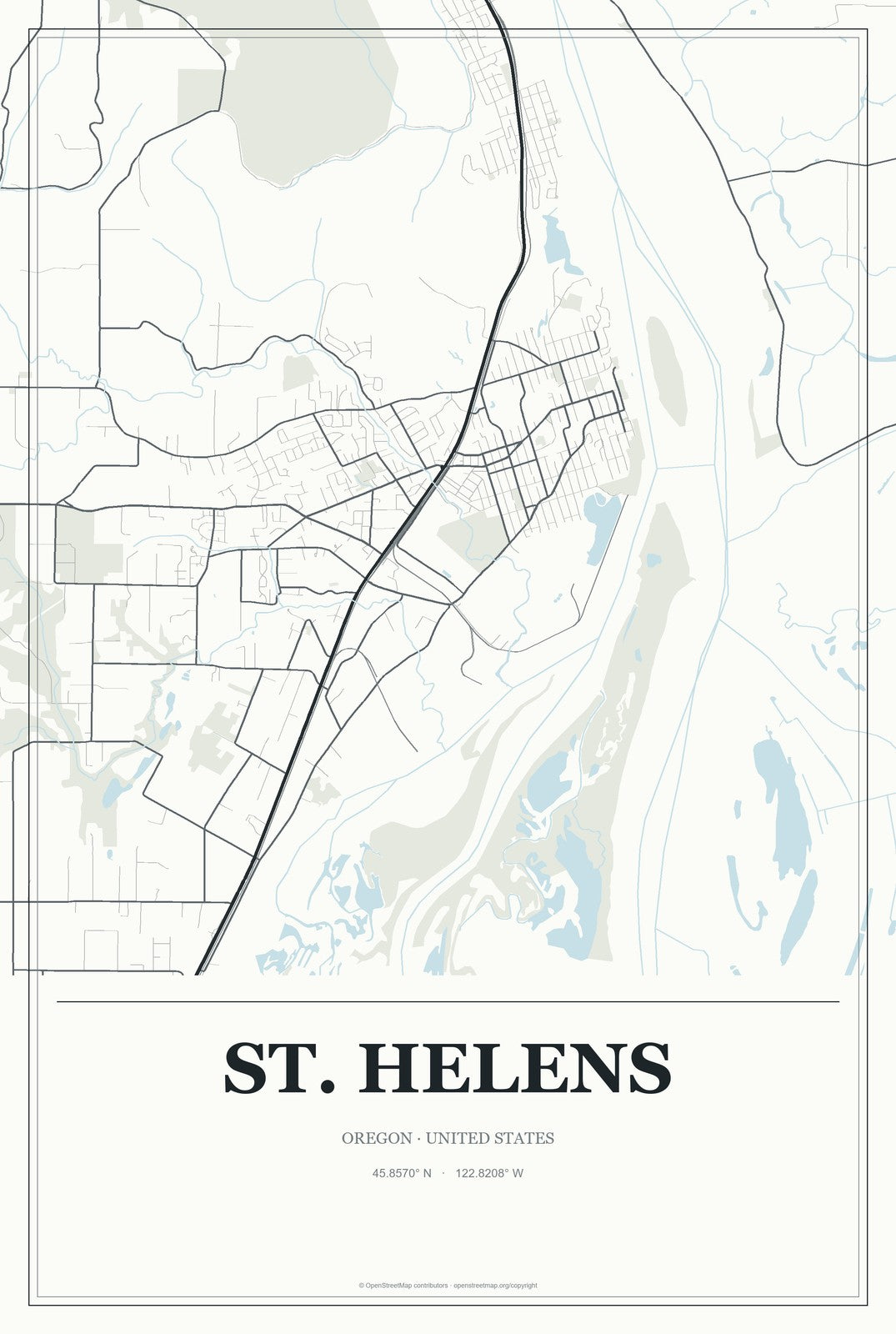St. Helens, Oregon City Map Aluminum Sign in Gallery Air style
