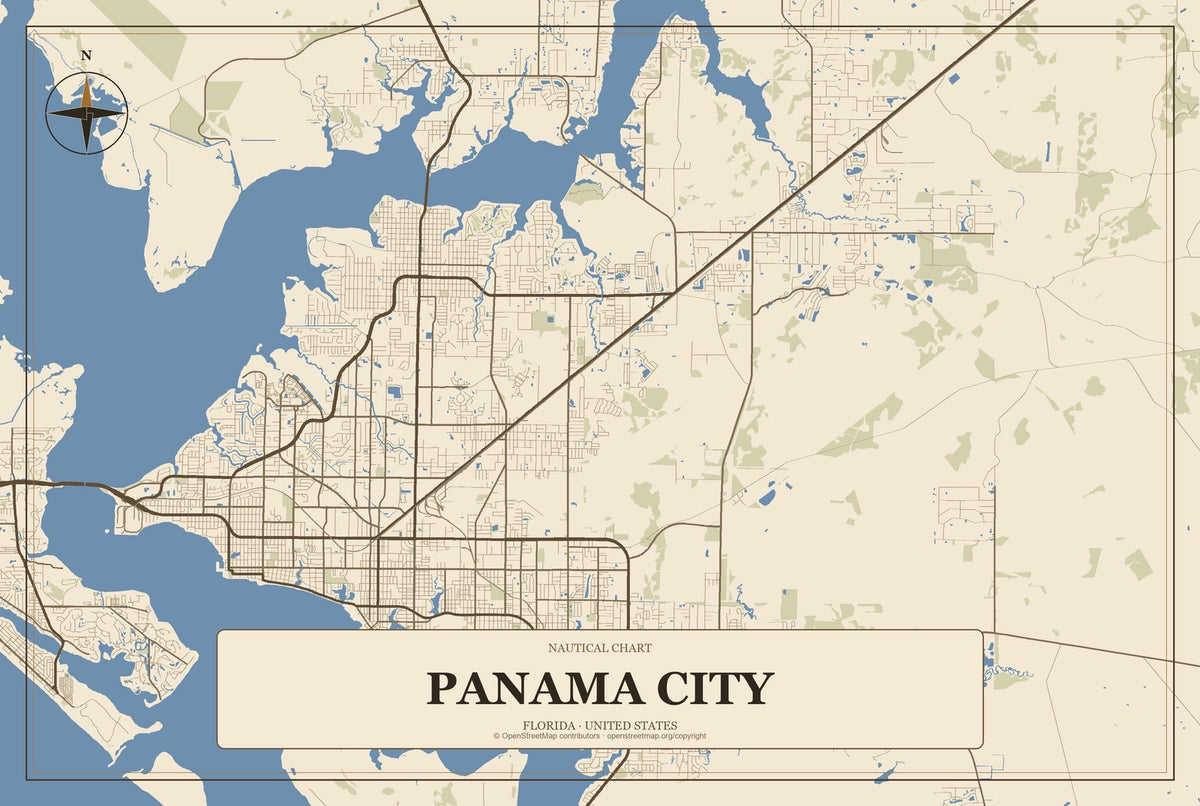 Panama City, Florida City Map Aluminum Sign in Heritage Nautical style
