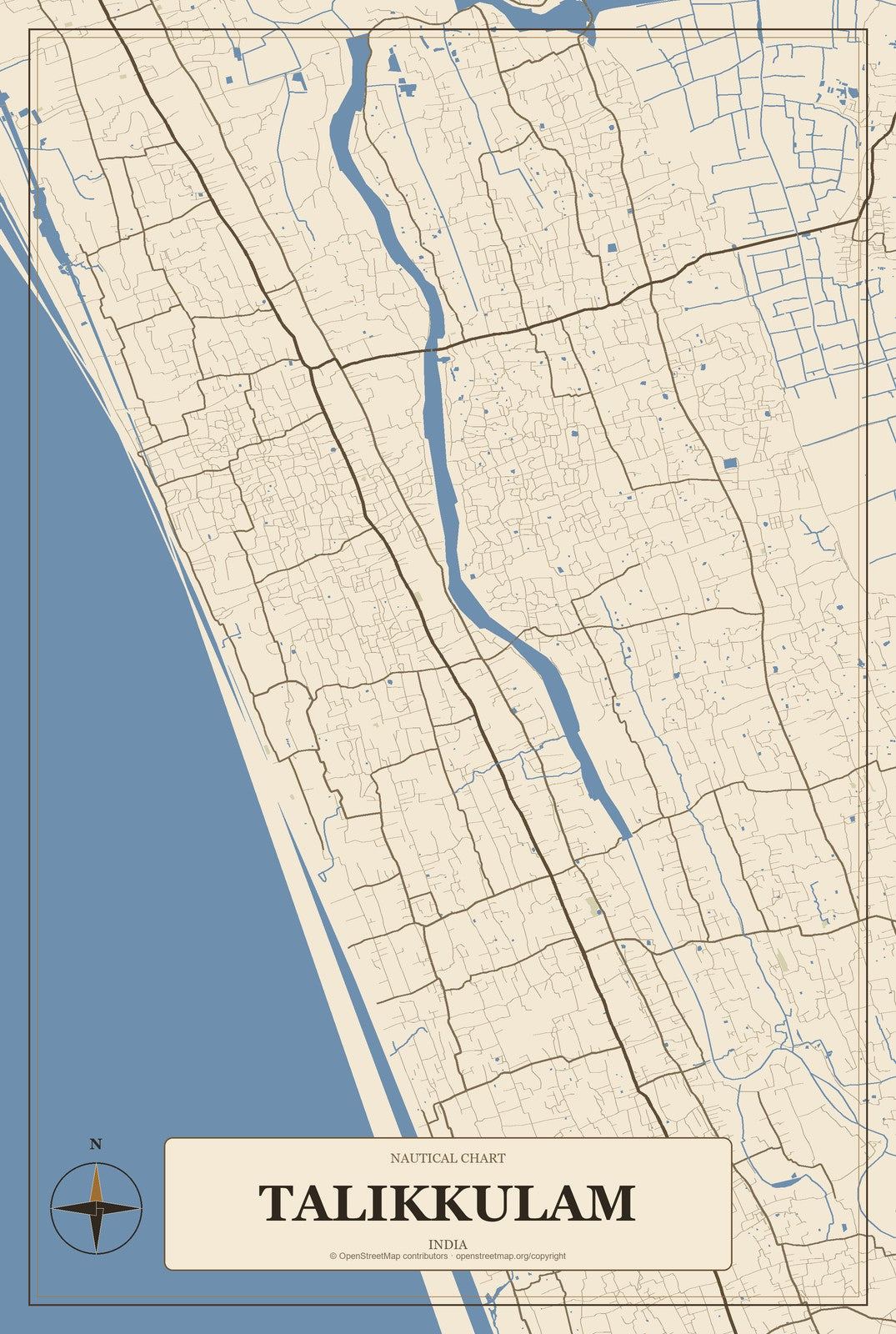 Talikkulam, India City Map Aluminum Sign in Heritage Nautical style