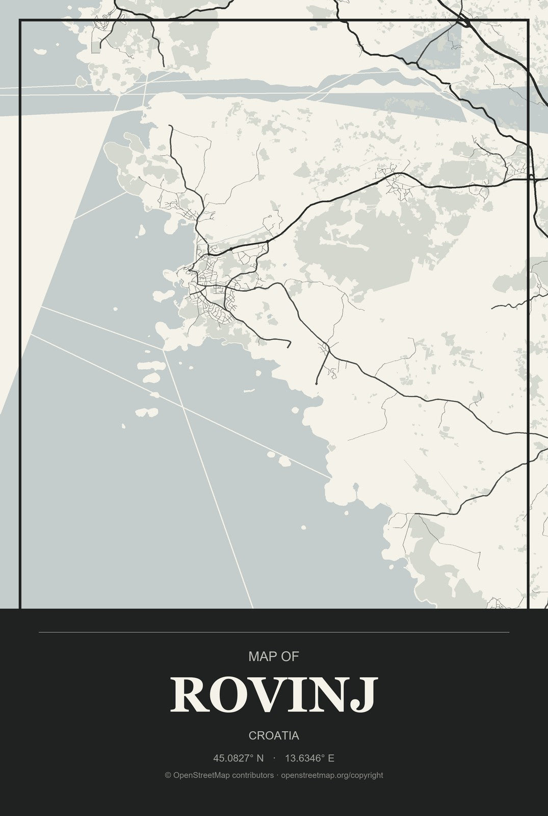 Rovinj, Croatia City Map Aluminum Sign in Museum Plaque style