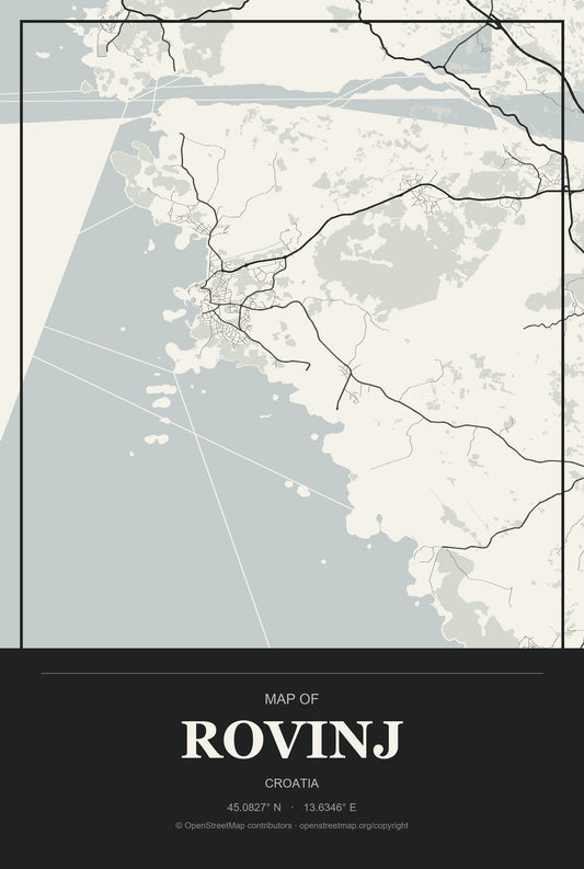 Rovinj, Croatia City Map Aluminum Sign in Museum Plaque style