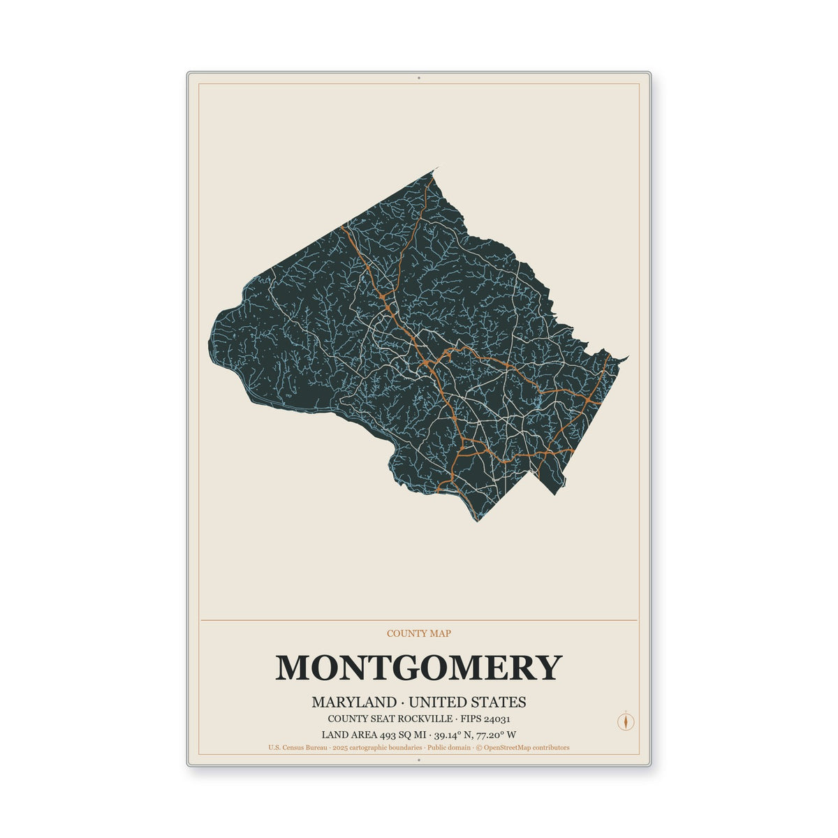 Montgomery County, Maryland Map Aluminum Sign in Headline Atlas style