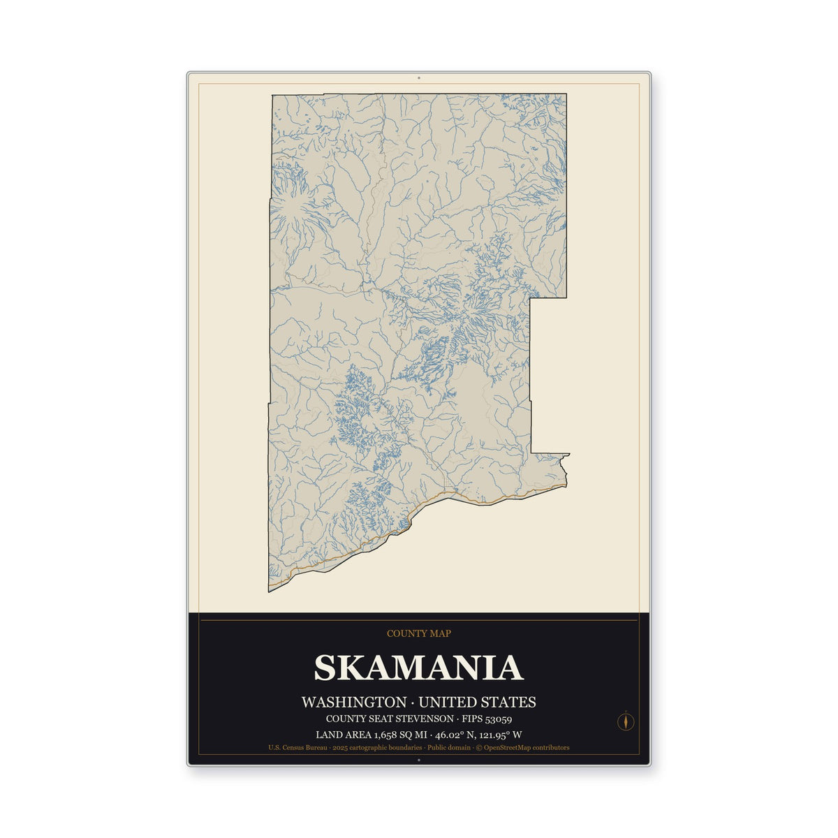 Skamania County, Washington Map Aluminum Sign in Museum Plaque style