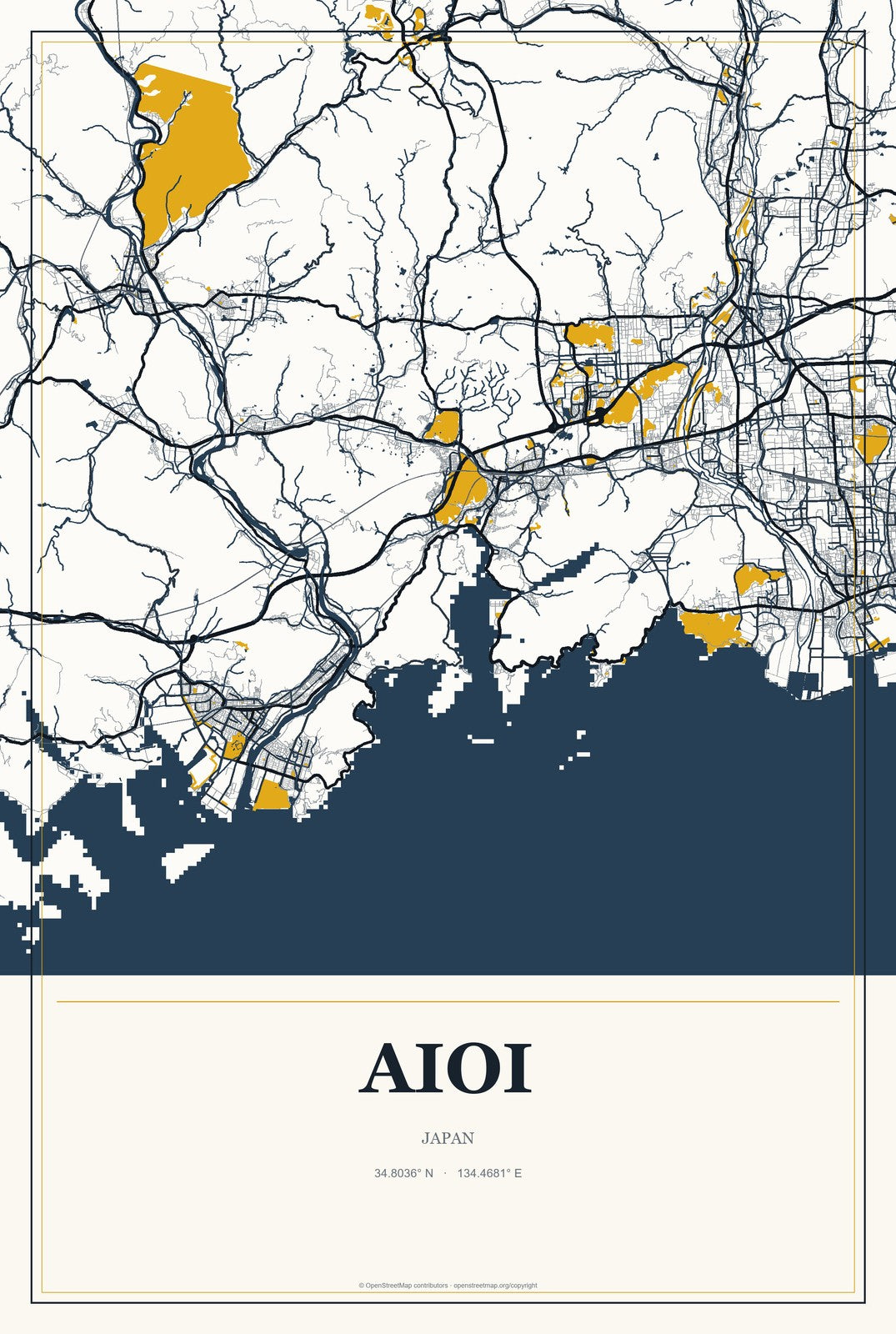 Aioi, Japan City Map Aluminum Sign in Citrine Modern style