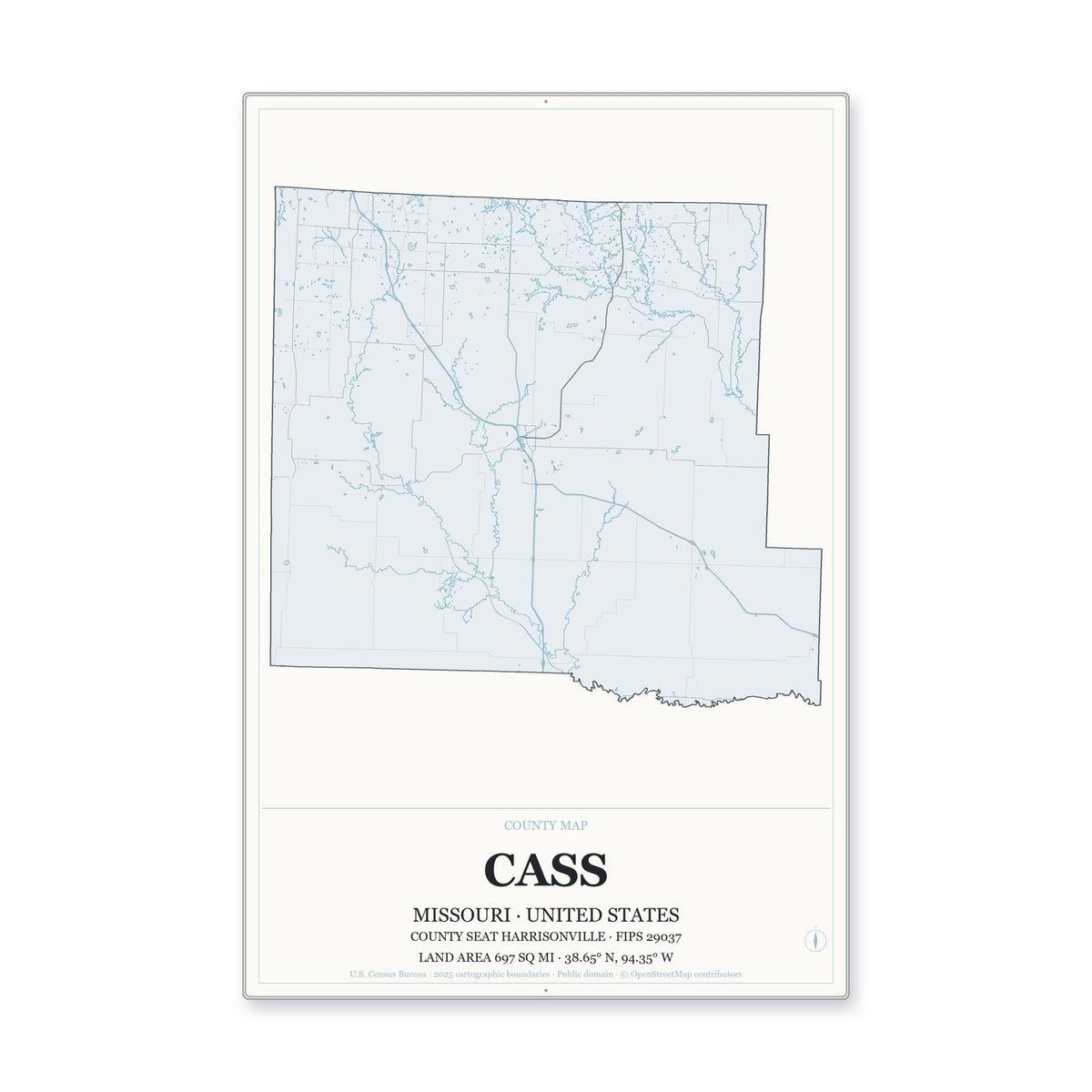 Cass County, Missouri Map Aluminum Sign in Gallery Air style