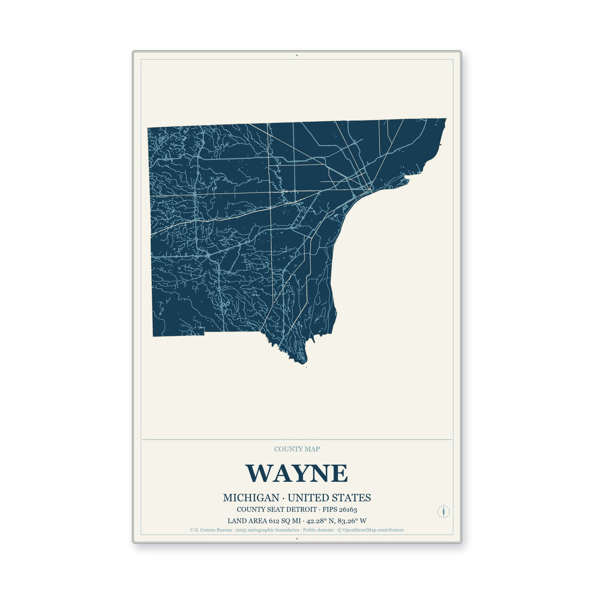 Wayne County, Michigan Map Aluminum Sign in Coastal Cutout style