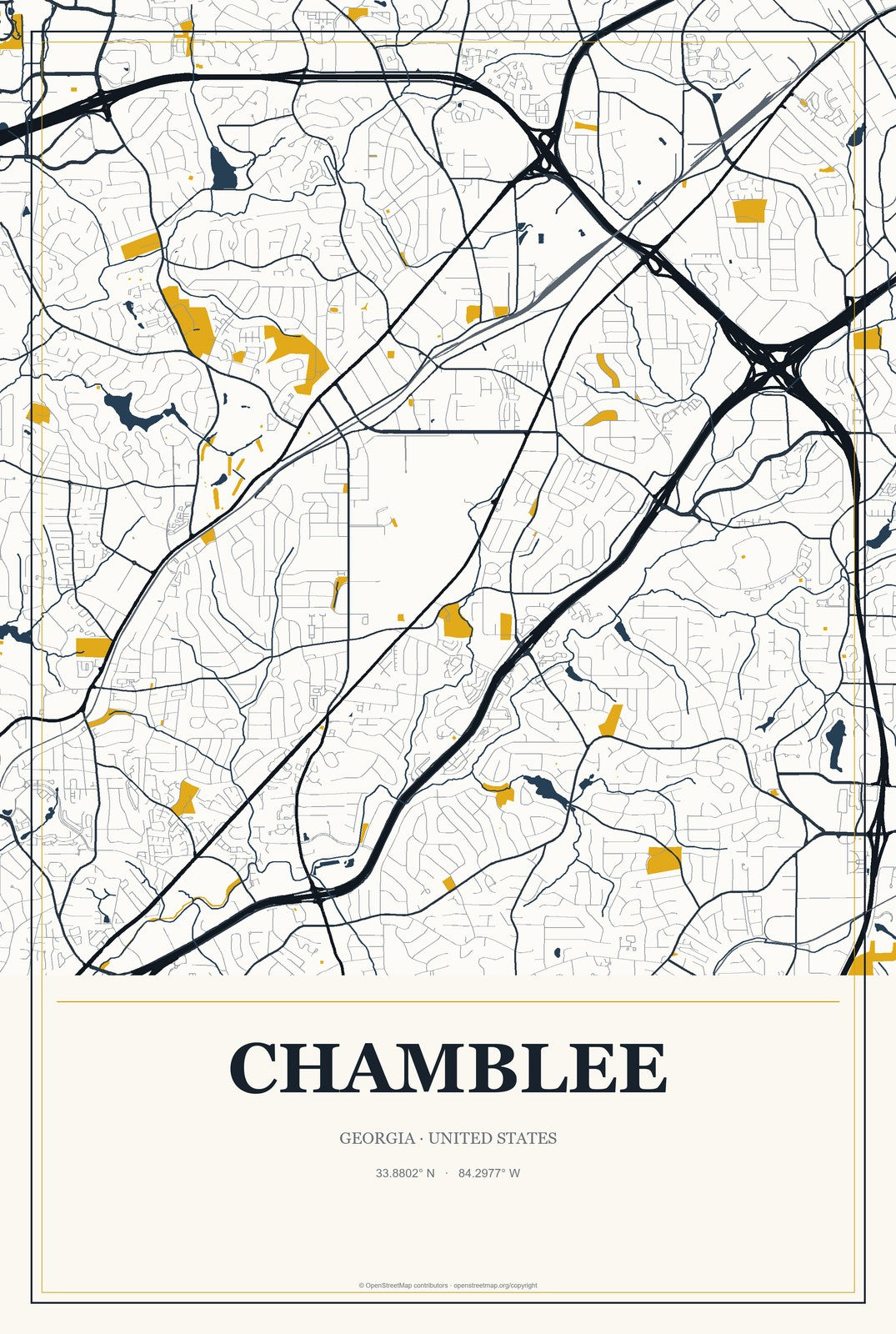Chamblee, Georgia City Map Aluminum Sign in Citrine Modern style