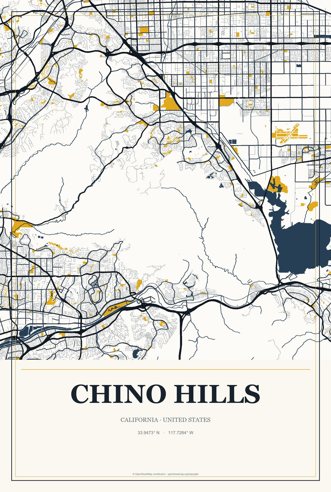 Chino Hills, California City Map Aluminum Sign in Citrine Modern style