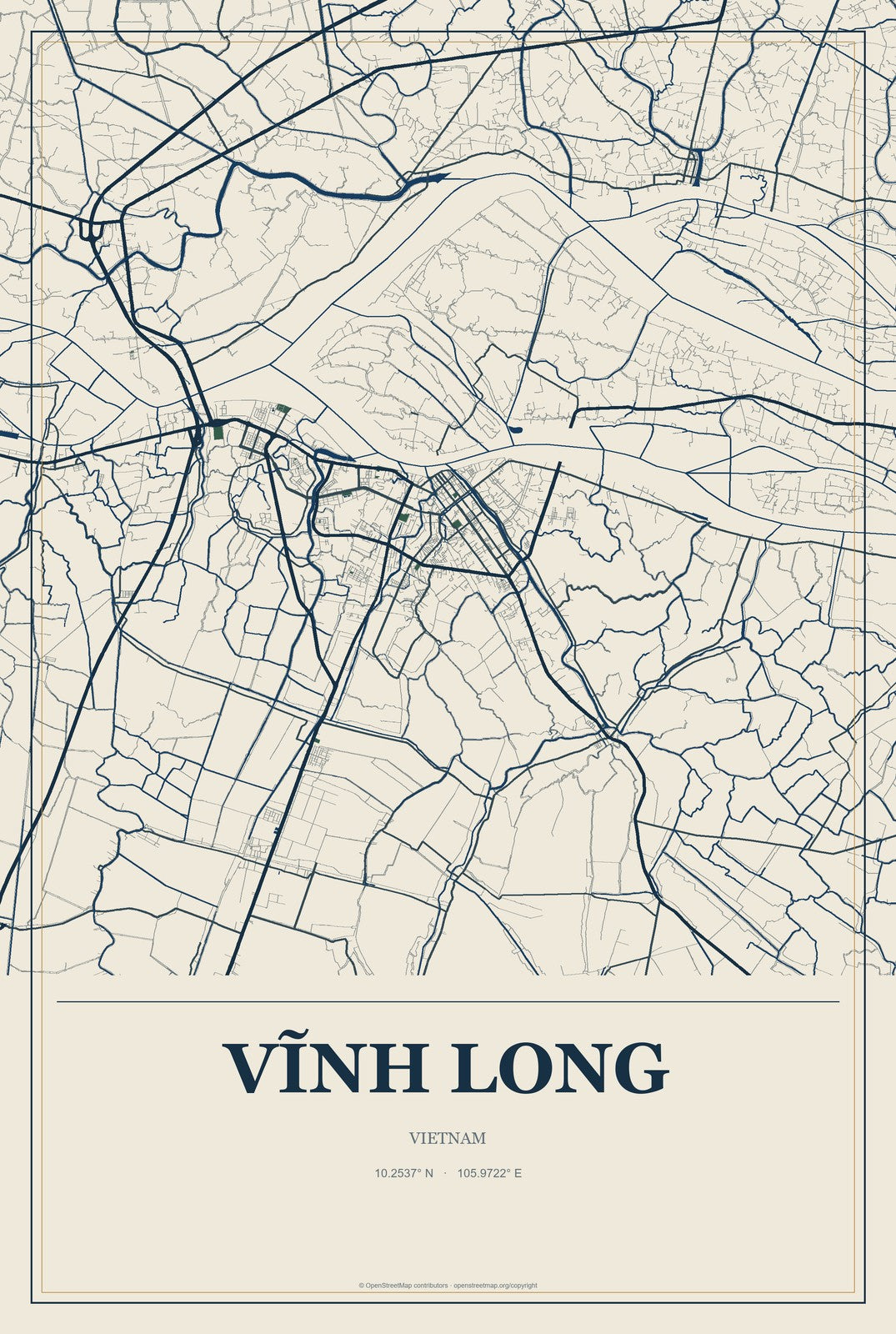 Vĩnh Long, Vietnam City Map Aluminum Sign in Coastal Cutout style