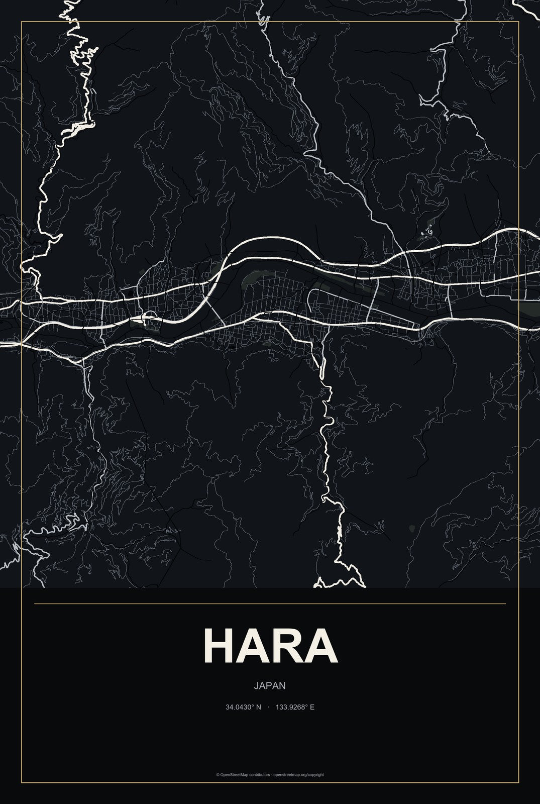 Hara, Japan City Map Aluminum Sign in Metropolitan Noir style