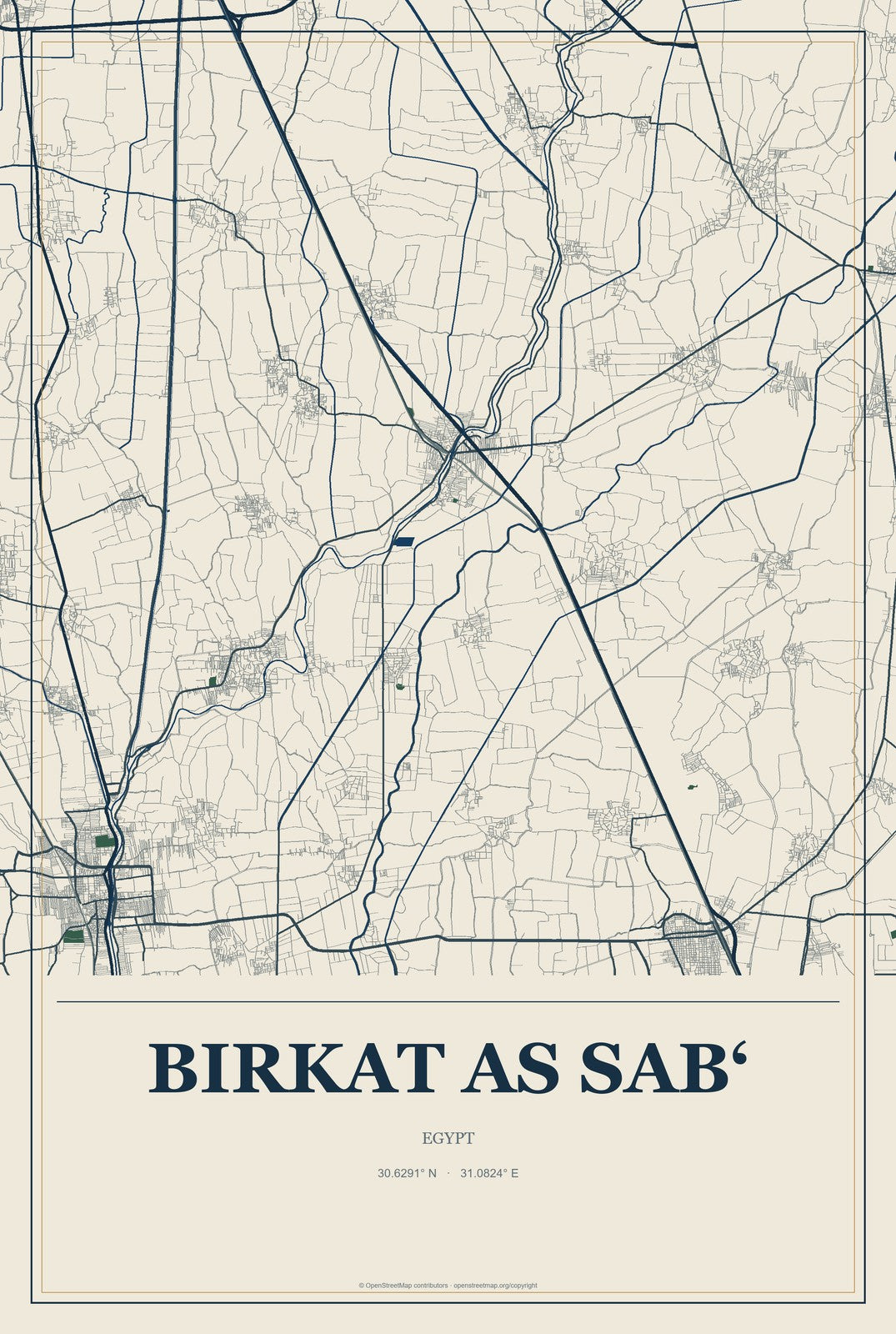 Birkat as Sab‘, Egypt City Map Aluminum Sign in Coastal Cutout style