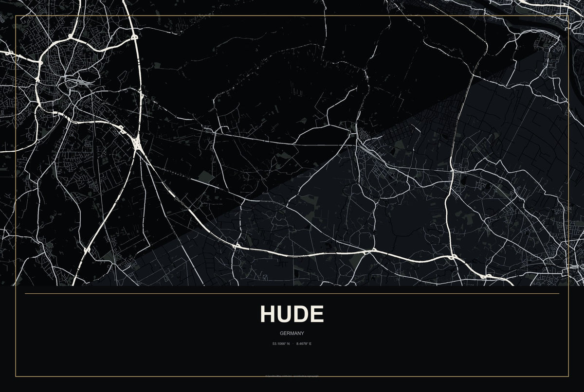 Hude, Germany City Map Aluminum Sign in Metropolitan Noir style