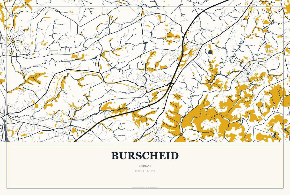 Burscheid, Germany City Map Aluminum Sign in Citrine Modern style