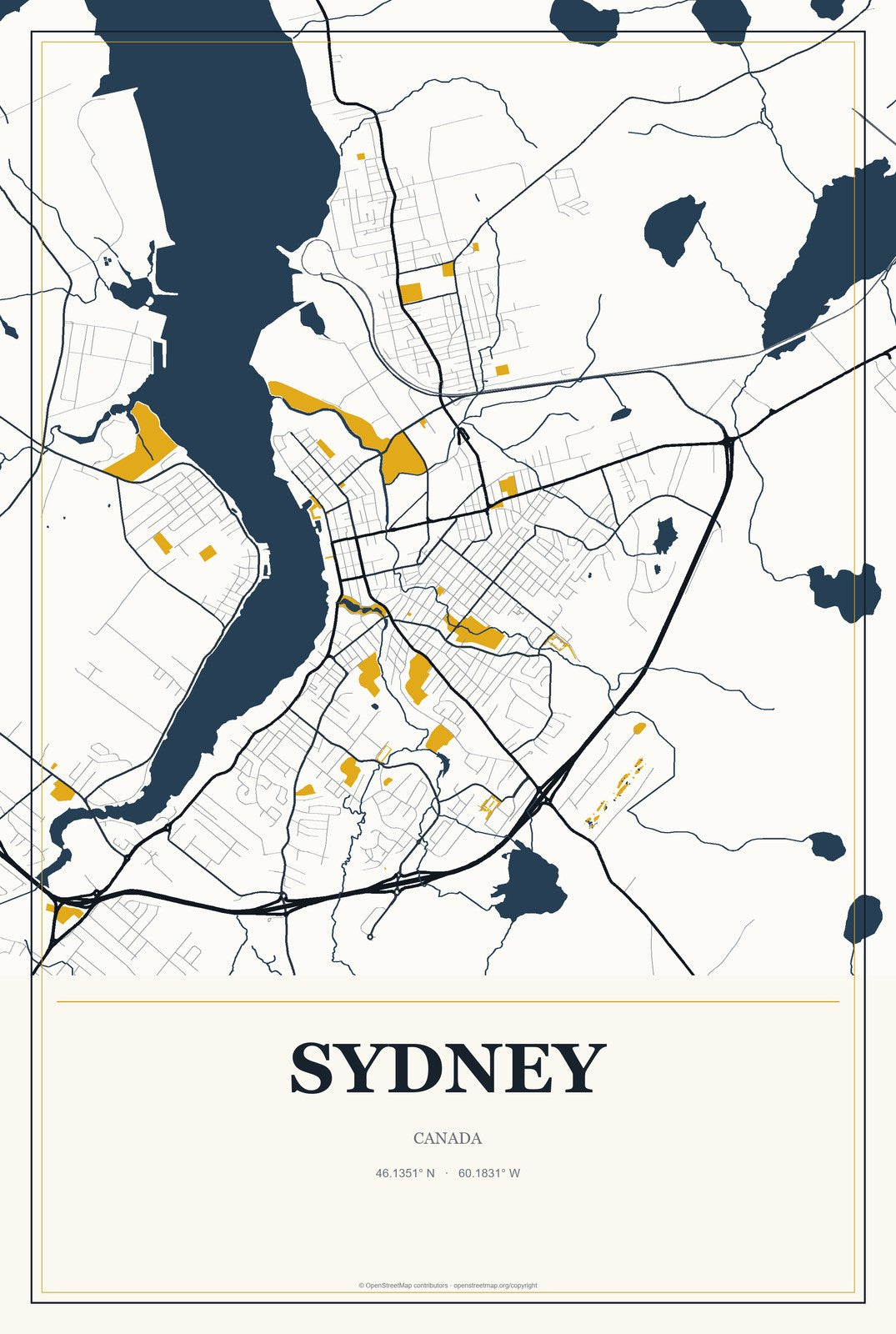 Sydney, Canada City Map Aluminum Sign in Citrine Modern style