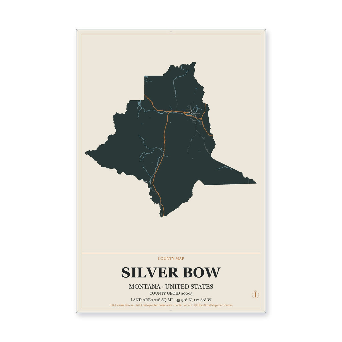 Silver Bow County, Montana Map Aluminum Sign in Headline Atlas style