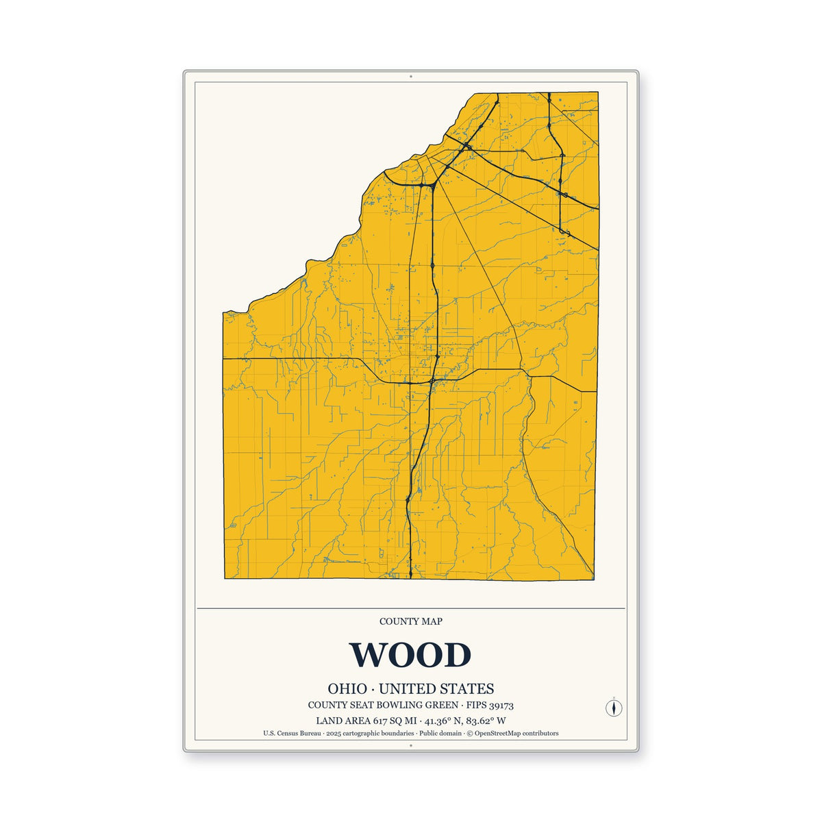 Wood County, Ohio Map Aluminum Sign in Citrine Modern style