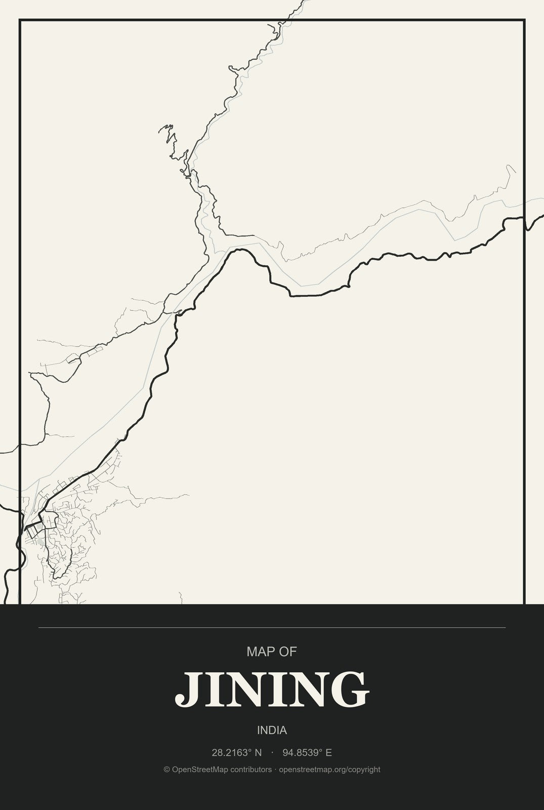 Jining, India City Map Aluminum Sign in Museum Plaque style