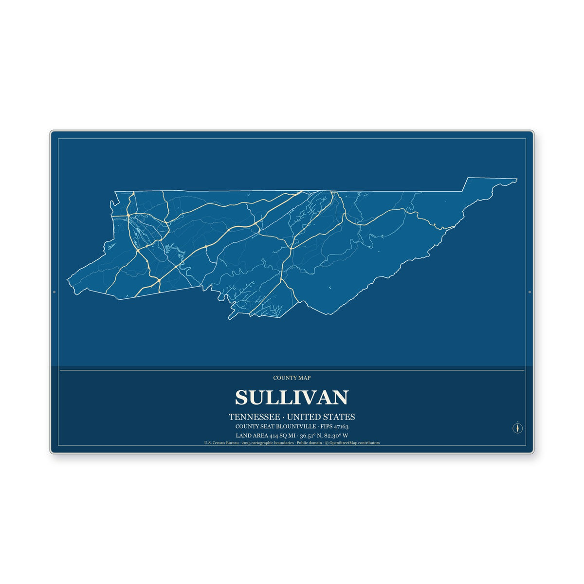 Sullivan County, Tennessee Map Aluminum Sign in Harbor Cobalt style