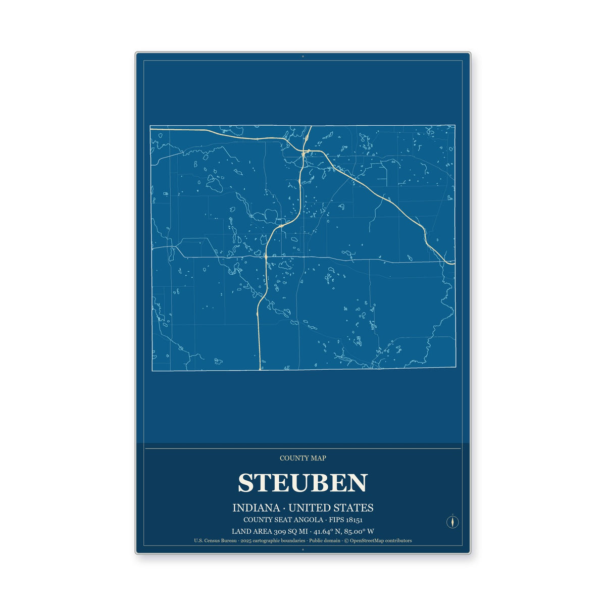 Steuben County, Indiana Map Aluminum Sign in Harbor Cobalt style