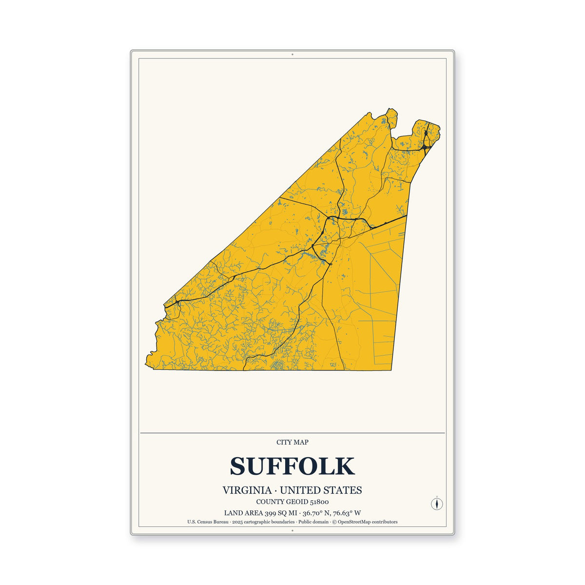 Suffolk city, Virginia Map Aluminum Sign in Citrine Modern style