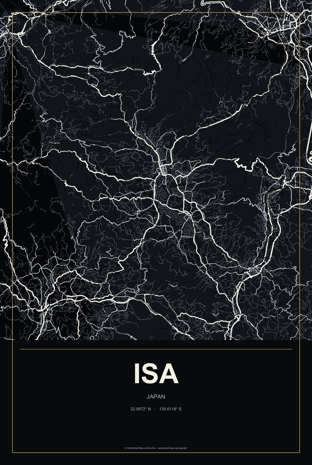 Isa, Japan City Map Aluminum Sign in Metropolitan Noir style