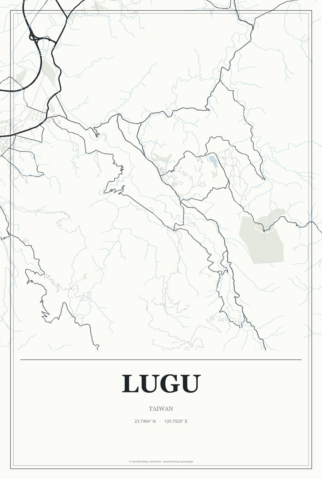 Lugu, Taiwan City Map Aluminum Sign in Gallery Air style