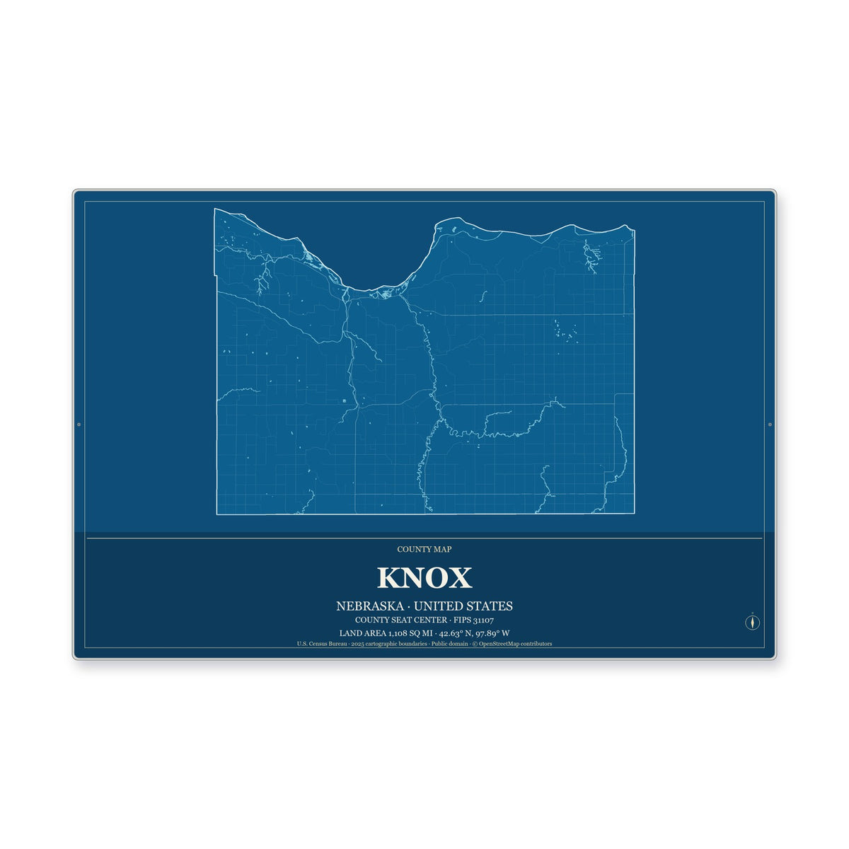 Knox County, Nebraska Map Aluminum Sign in Harbor Cobalt style