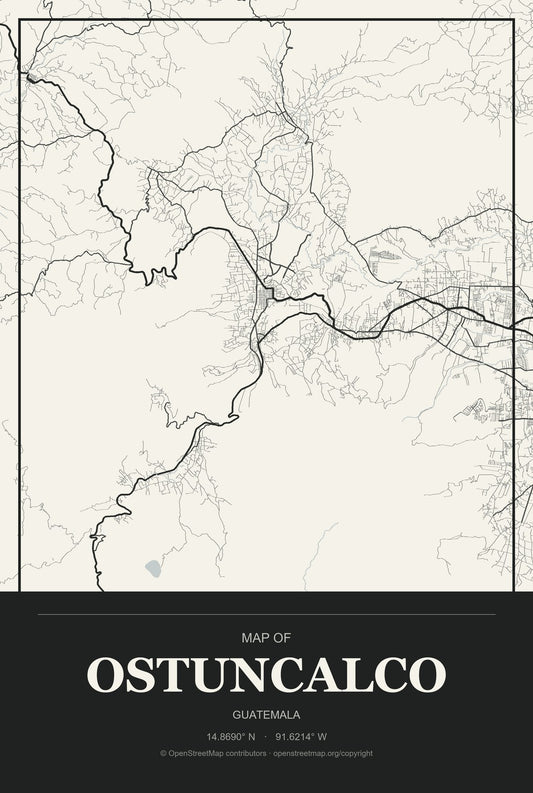 Ostuncalco, Guatemala City Map Aluminum Sign in Museum Plaque style