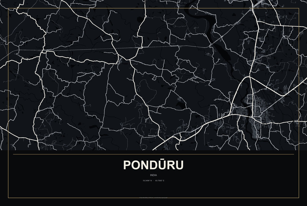 Pondūru, India City Map Aluminum Sign in Metropolitan Noir style