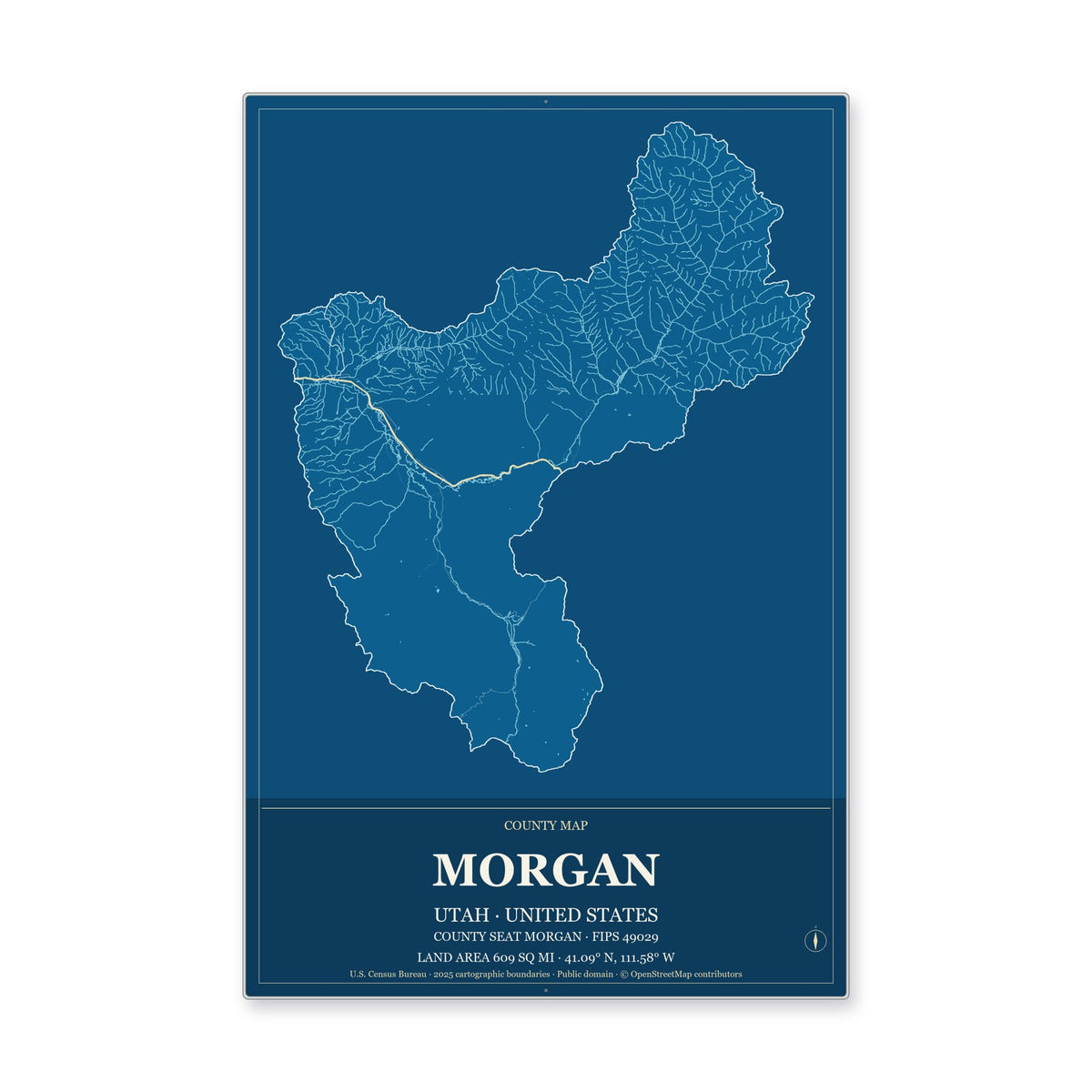 Morgan County, Utah Map Aluminum Sign in Harbor Cobalt style