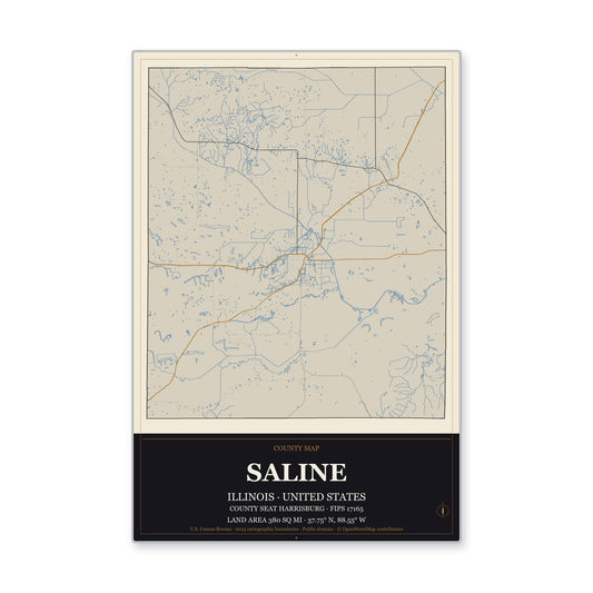 Saline County, Illinois Map Aluminum Sign in Museum Plaque style