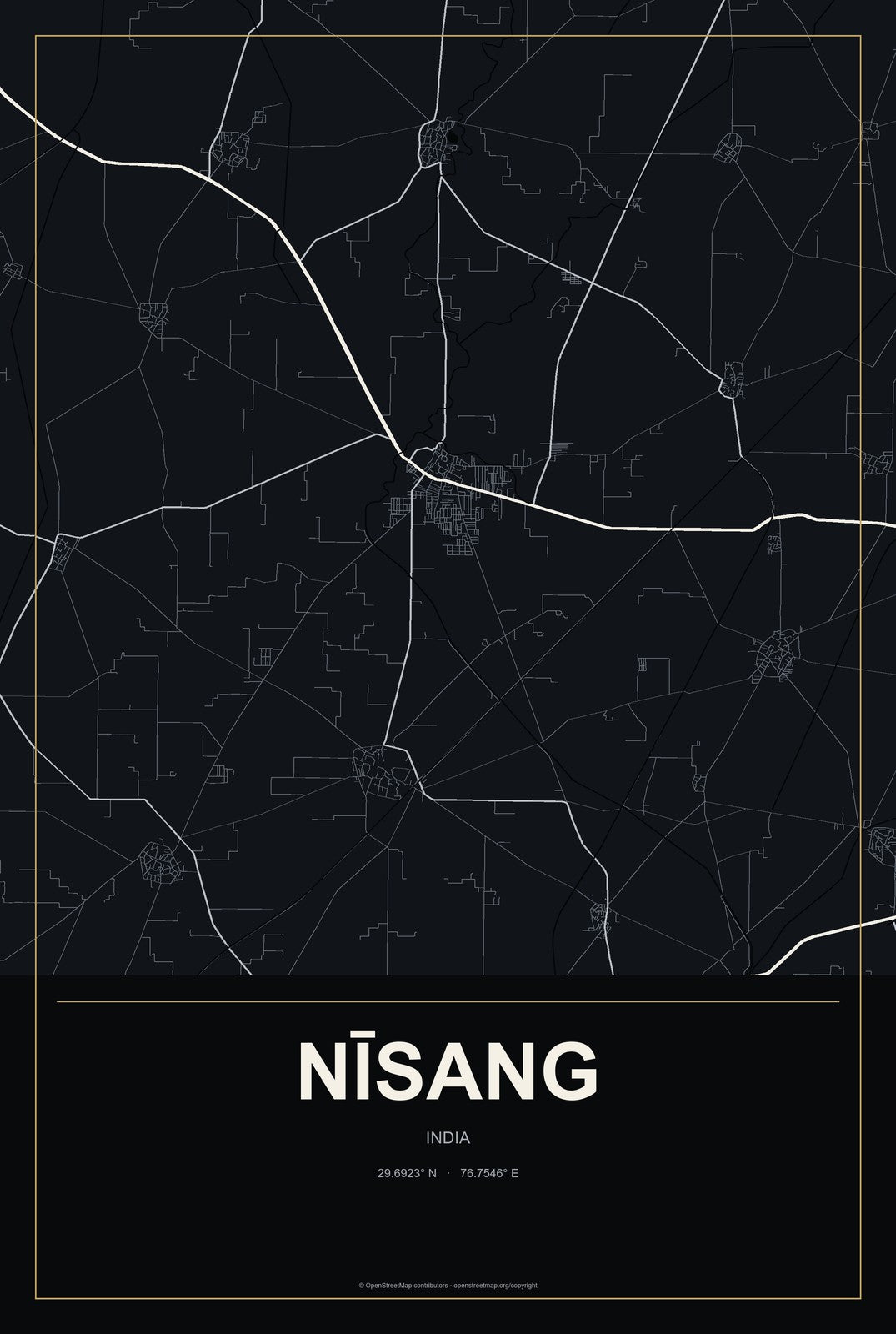 Nīsang, India City Map Aluminum Sign in Metropolitan Noir style
