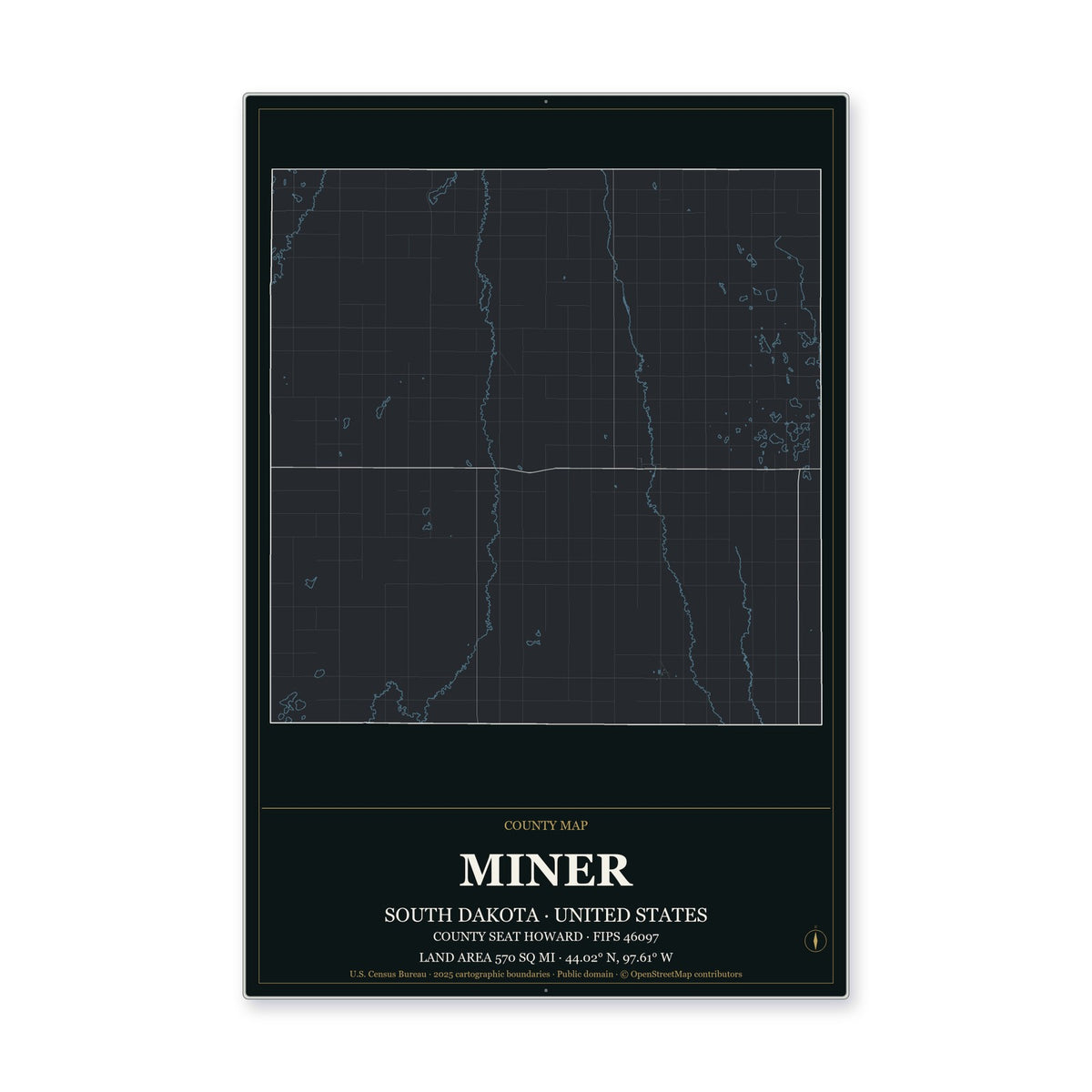 Miner County, South Dakota Map Aluminum Sign in Metropolitan Noir style