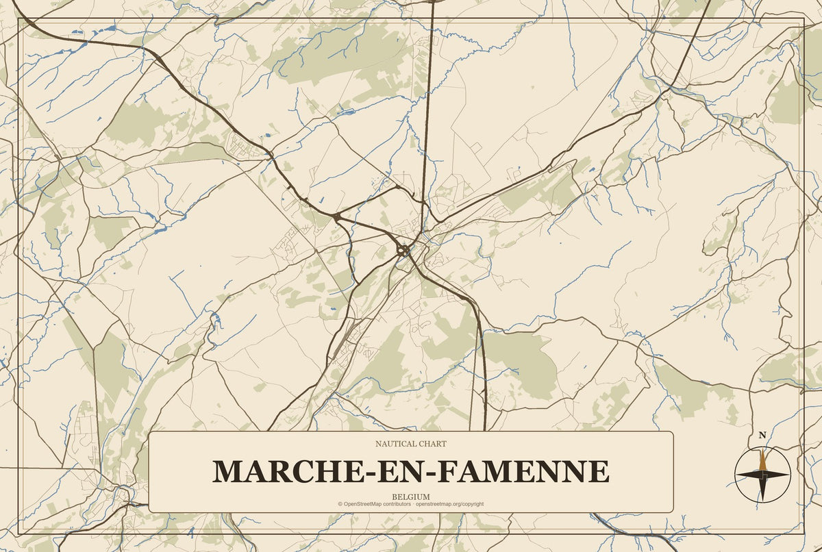 Marche-en-Famenne, Belgium City Map Aluminum Sign in Heritage Nautical style