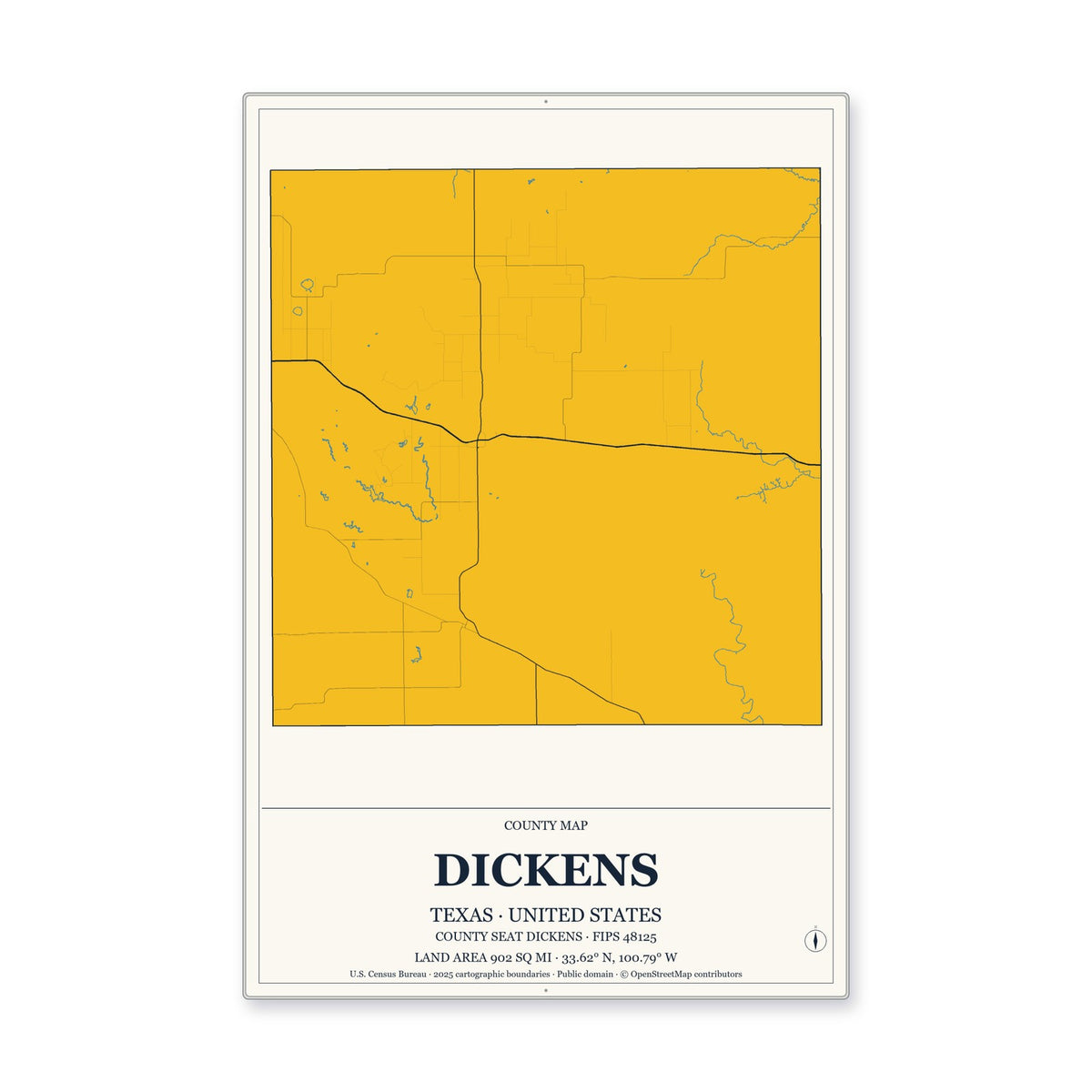 Dickens County, Texas Map Aluminum Sign in Citrine Modern style