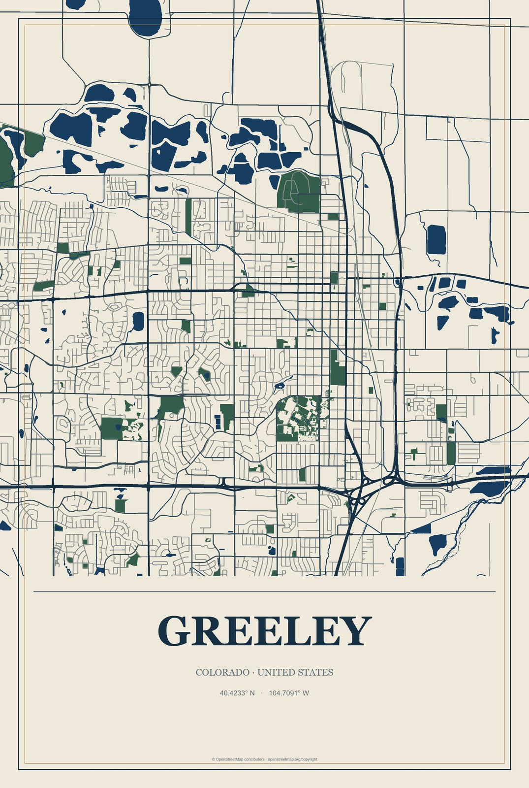 Greeley, Colorado City Map Aluminum Sign in Coastal Cutout style