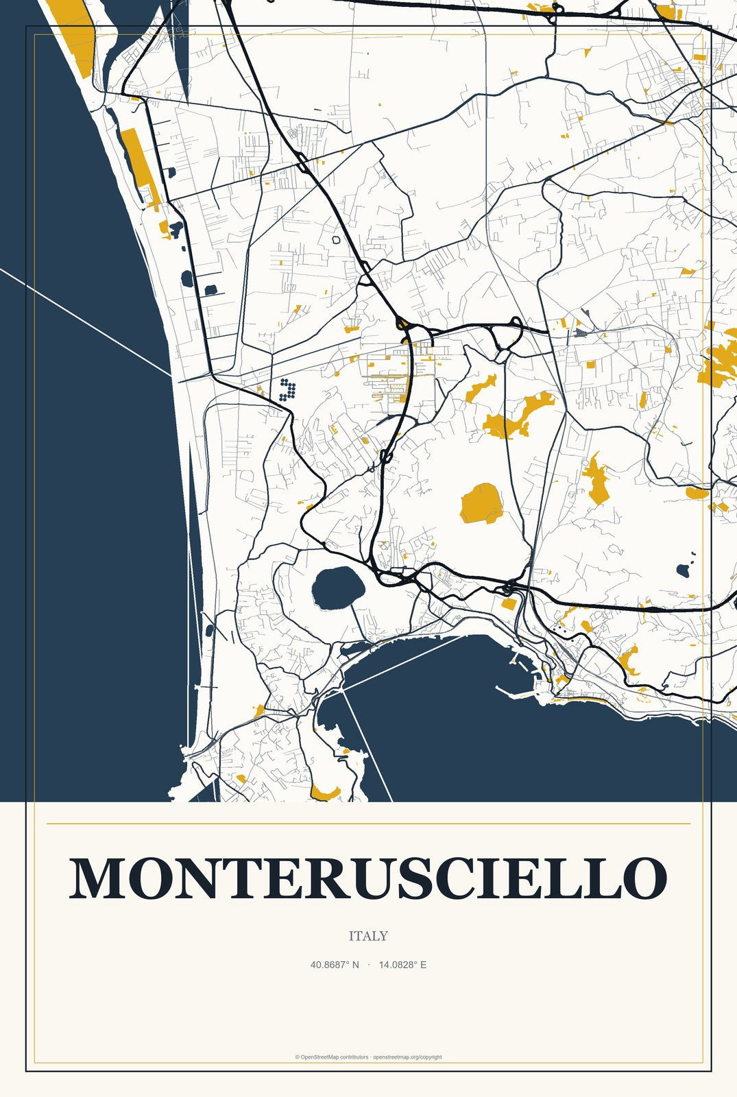 Monterusciello, Italy City Map Aluminum Sign in Citrine Modern style