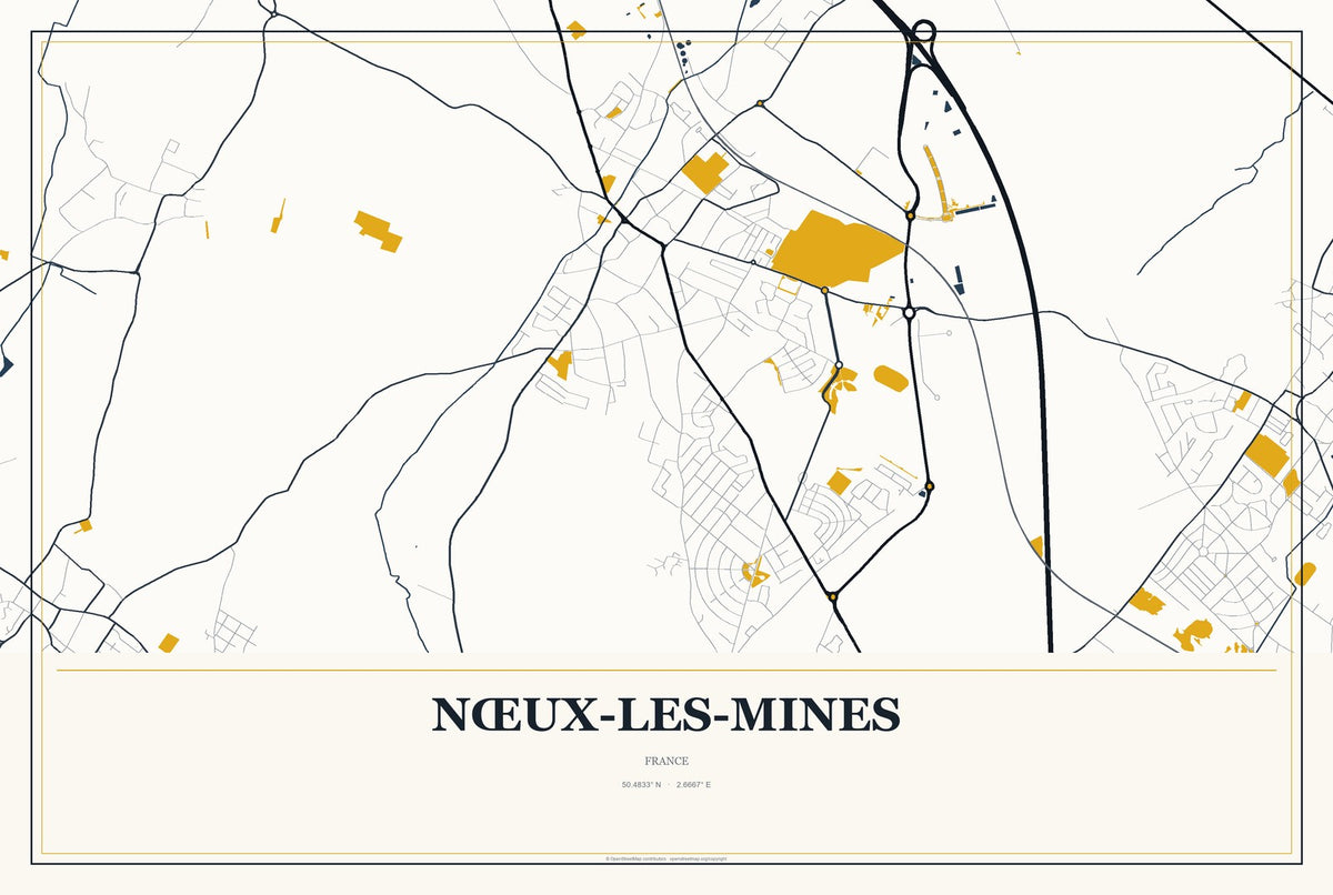 Nœux-les-Mines, France City Map Aluminum Sign in Citrine Modern style