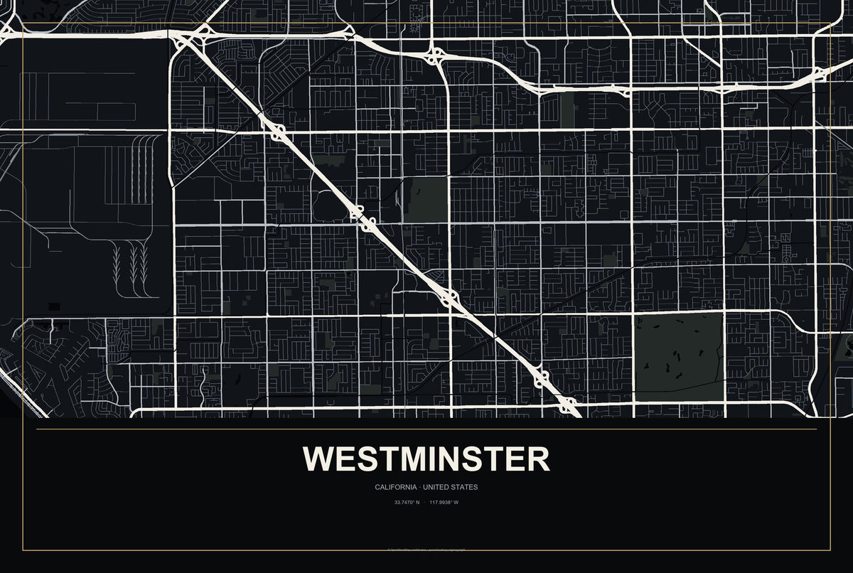 Westminster, California City Map Aluminum Sign in Metropolitan Noir style