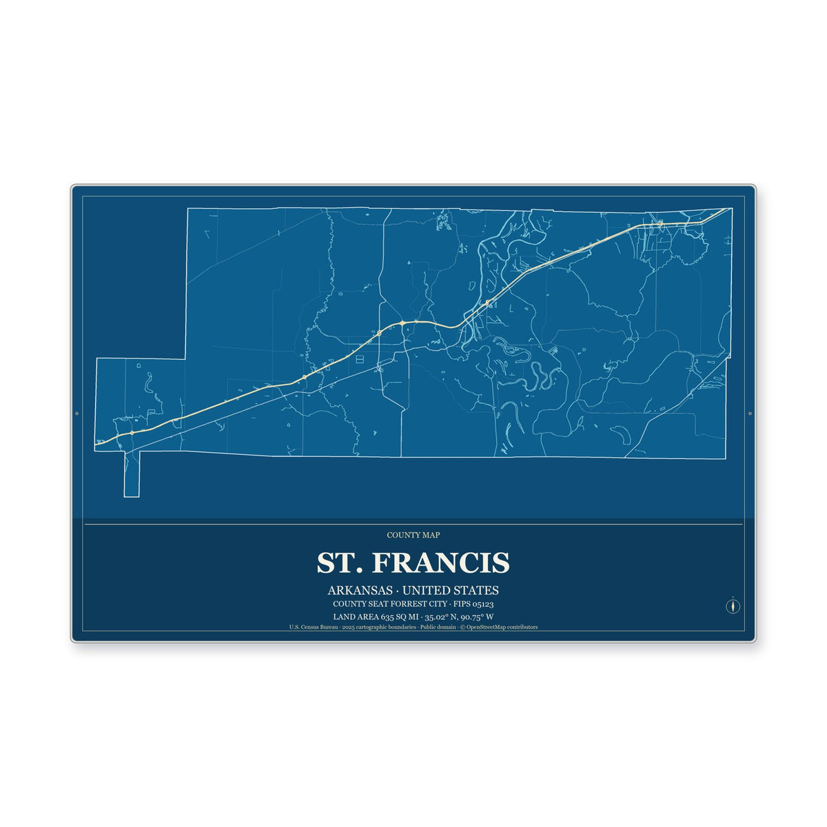 St. Francis County, Arkansas Map Aluminum Sign in Harbor Cobalt style